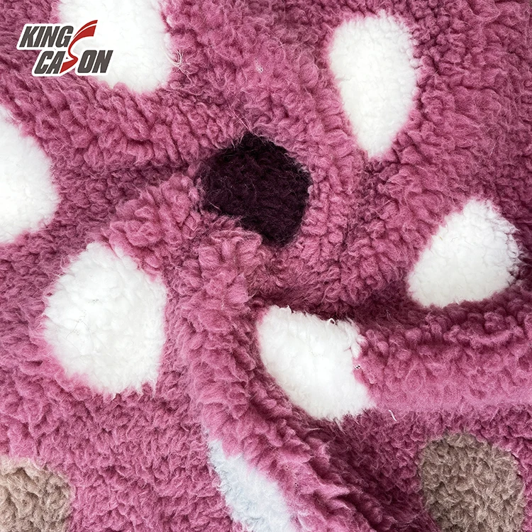 Kingcason China Factory 100%Polyester One Side Brushed Pink Dot Printed Sherpa Fleece Fabric For Jacket Coat Blanket Pajamas