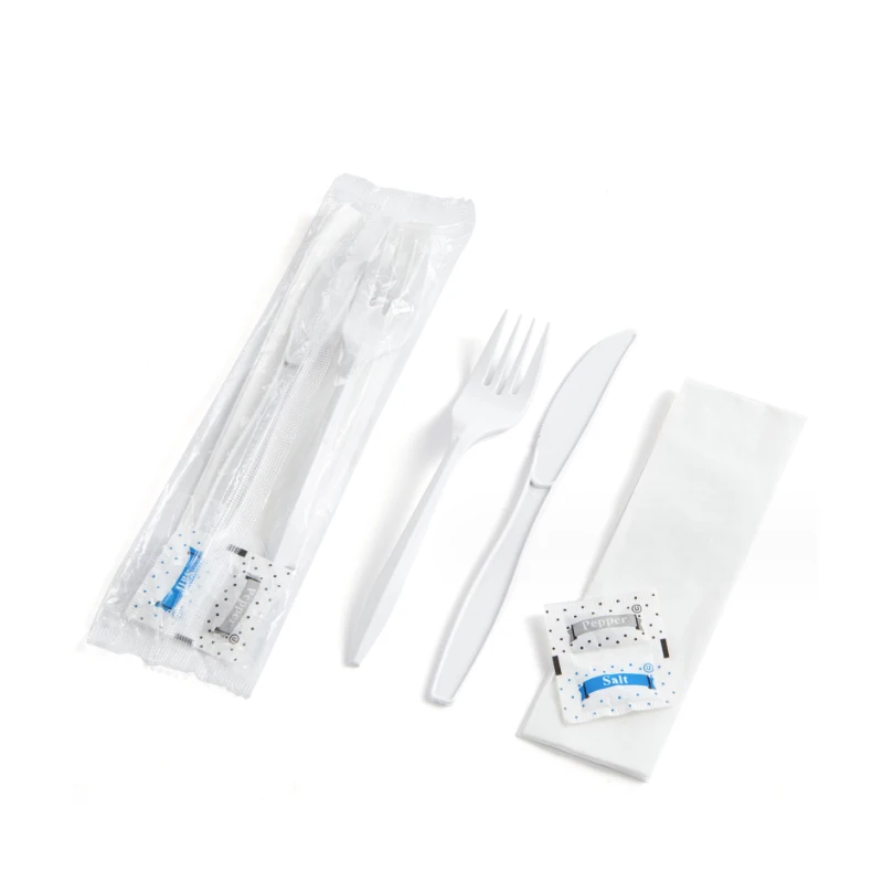 Custom 6 In 1 Heavy Weight Black Wrapped Plastic Cutlery Disposable spoon fork knife set with napkin salt and pepper pack