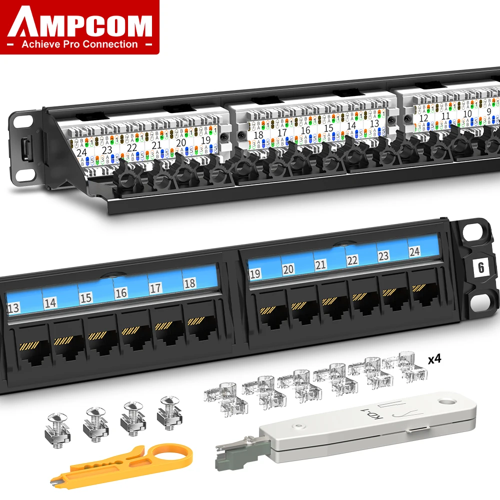 AMPCOM 24 Ports Cat6 Patch Panel, 50u Gold Plated, 1U, 19 inch, RJ45 Ethernet 568A 568B, with Rear Cable Management Bar