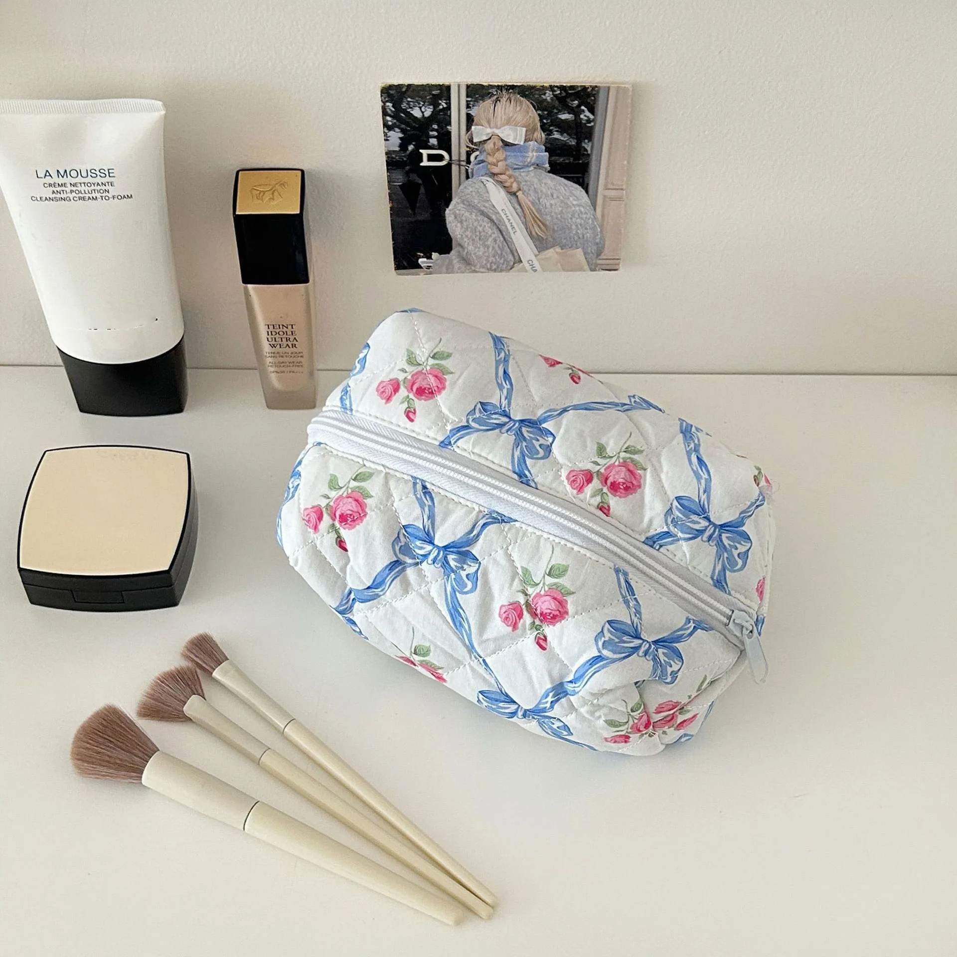 Handmade Quilted Bow Makeup Bag 3PCS Set Pink Gingham Zipper Toiletry Bag Custom Cute Cosmetic Bag Set for Women