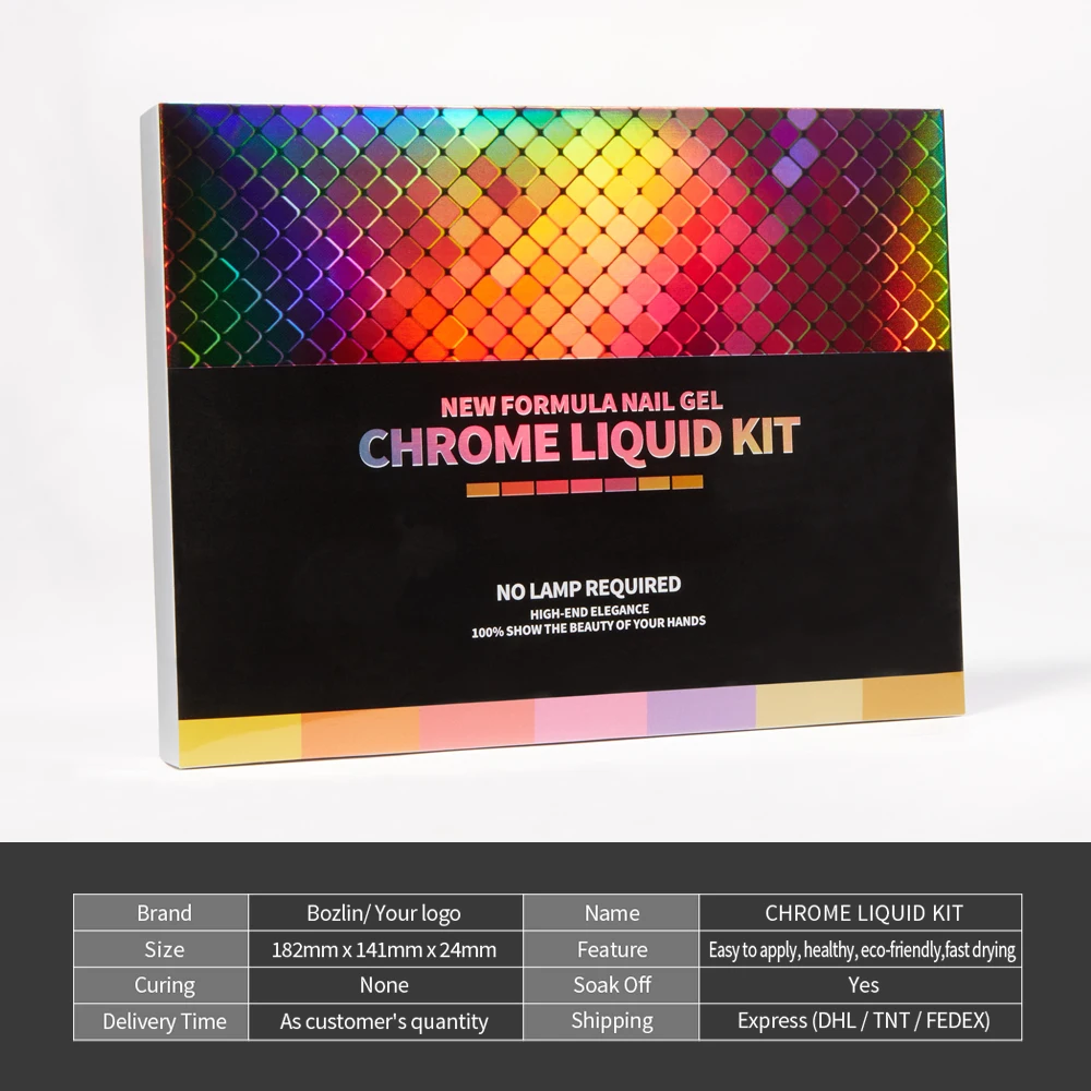 Bozlin Customize Luxury Packaging Boxes Magic Liquid Type Chrome Liquid Powder Pigment Nail Art Kit Mirror Powder