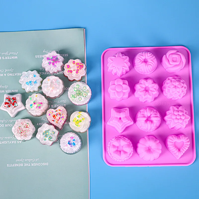 12 Holes Flower Heart Shape Silicone Jello Chocolate Pudding Dessert Molds for DIY Cake Baking
