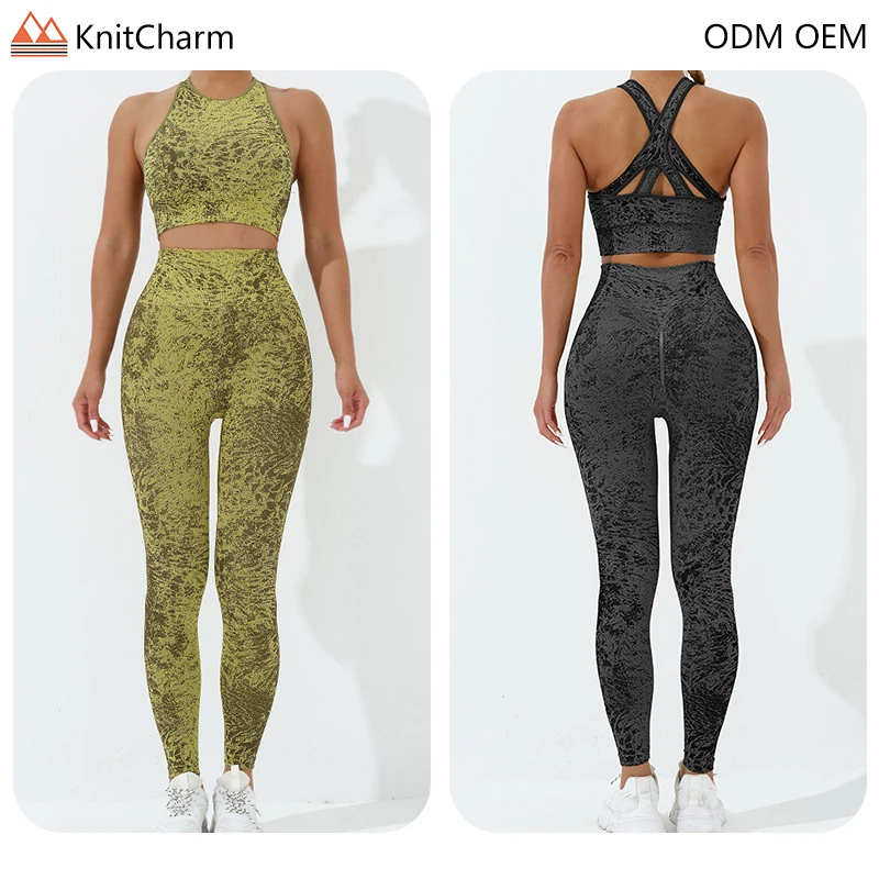 Seamless Sportswear Cation Jacquard Cross Back Full Support Gym Bra Yoga Sets High Rise Leggings Gym Wears for Ladies