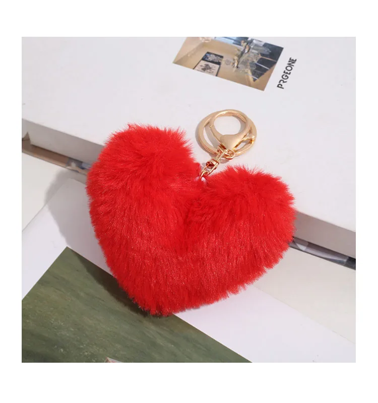 Colorful Fluffy Heart Shape Pompom Keyring Pom Pom Puff Ball Faux Fur Keychain For DIY crafts Bag Pendant