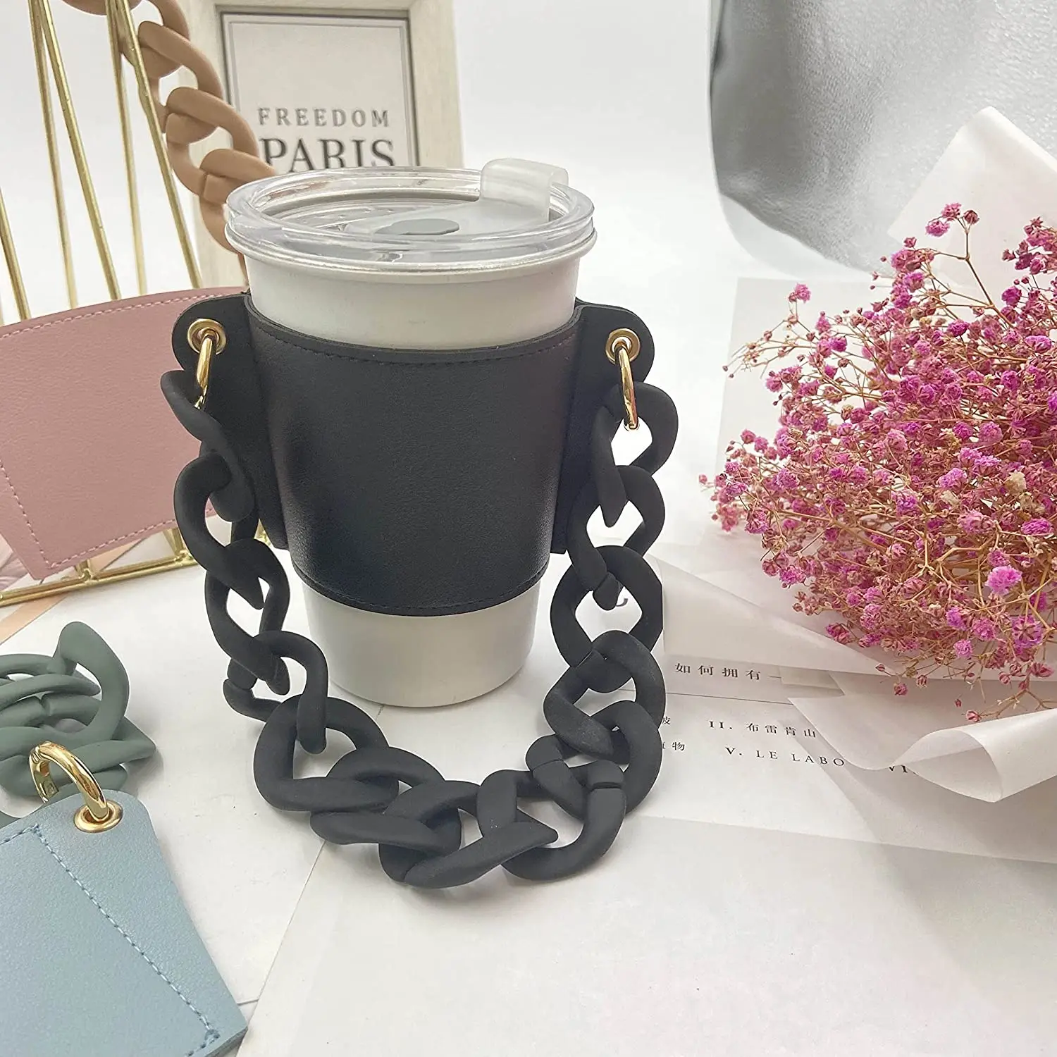 2021 new reusable PU leather coffee tea cup sleeve big acrylic chain strap outdoor glass water cup sleeves for coffee