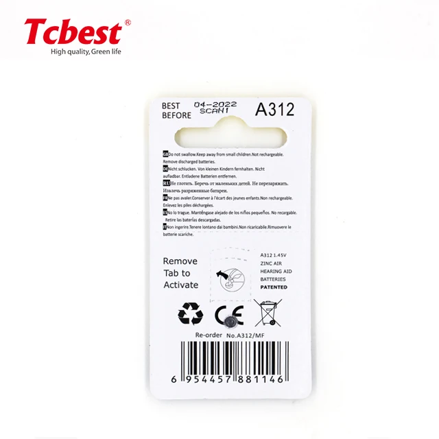 2022 shenzhen tcbest well design zinc air battery A312 for hearing aid in 6 pcs package
