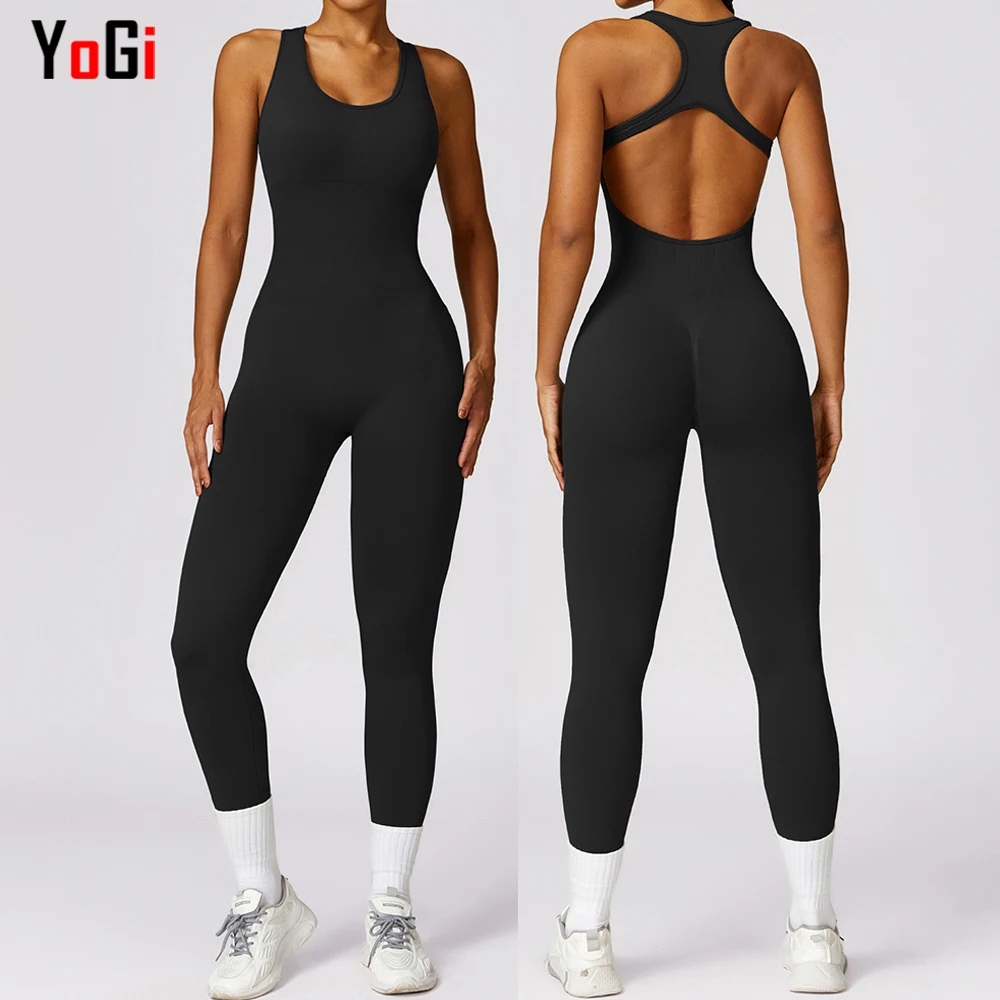 Women One Piece Sleeveless Solid Color Ribbed Slim Fit Pink Seamless Fitness Yoga Gym Workout Rompers Bodycon Jumpsuit