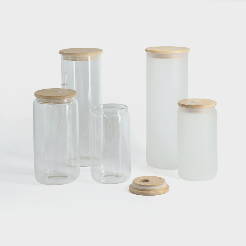 hot sale 16oz sublimation beer soda glass tumbler can shaped frosted clear glass with bamboo lid and straw