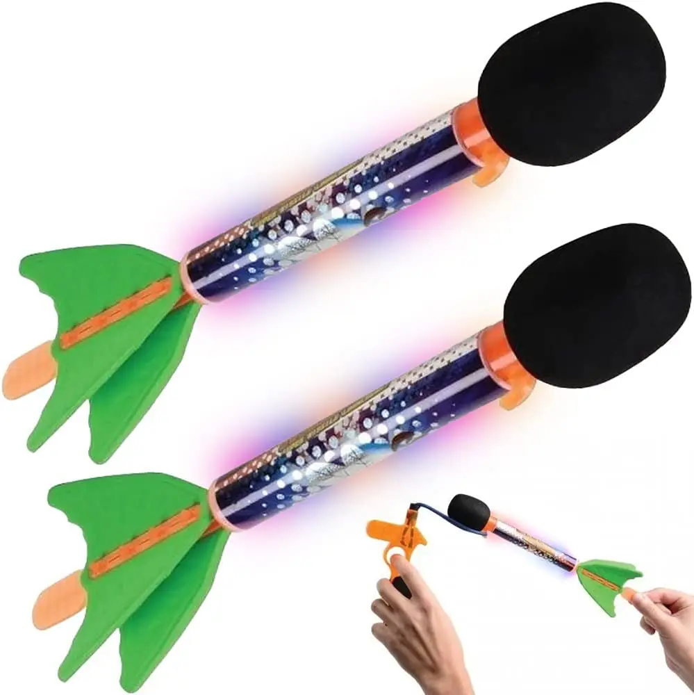 Light Up Sky Missiles for Kids Set of 2 Flying Toys for Kids with Rubber Launcher Lights and Whistling Sounds Camping Lawn