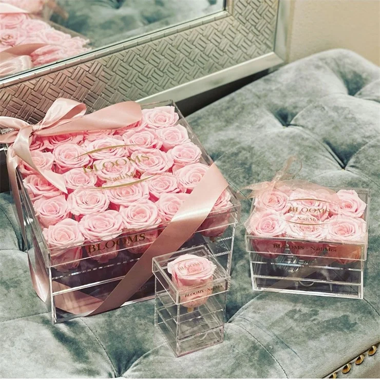 Custom Logo Exquisite Transparent Acrylic Flower Box Rose Display Box with Drawer