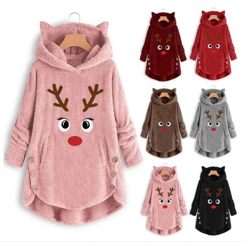 
Plus Size Tops Buttons Winter Home Casual Wear Christmas Deer Fleece Hoodies For women 
