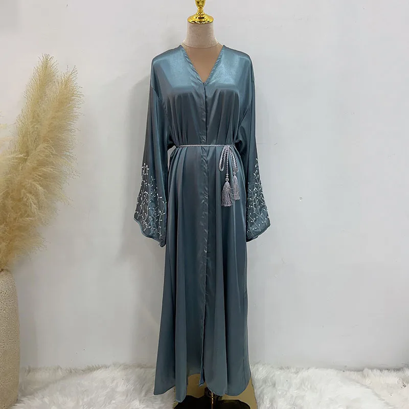 New Kimono Open Abaya Dubai Satin With Handmade Beads Pockets Islamic Clothing Wholesale Supplier EID Ramadan Women Muslim Dress