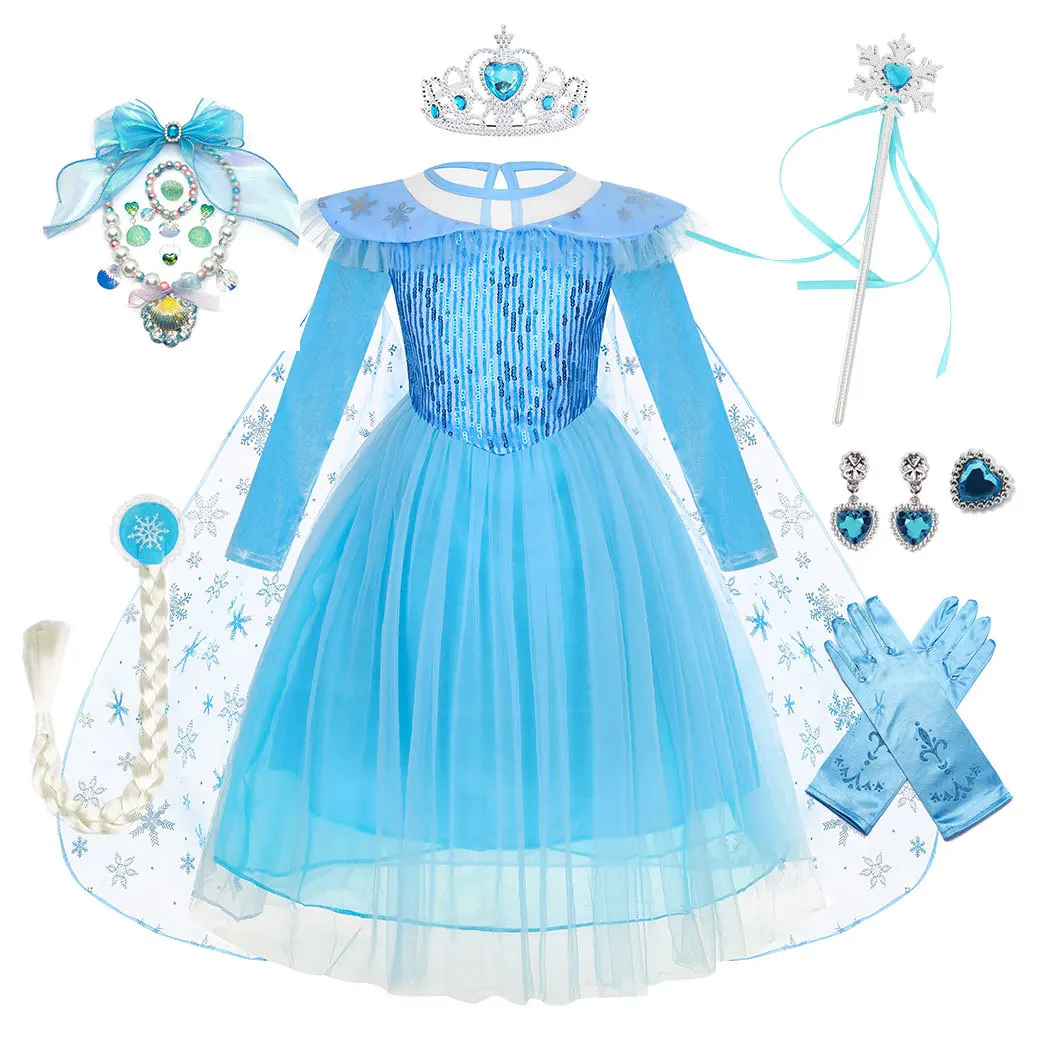 Girls Blue Birthday Party Dress up Outfits Gauze Halloween Carnival Ice Elsa Princess Dress Anime Costume