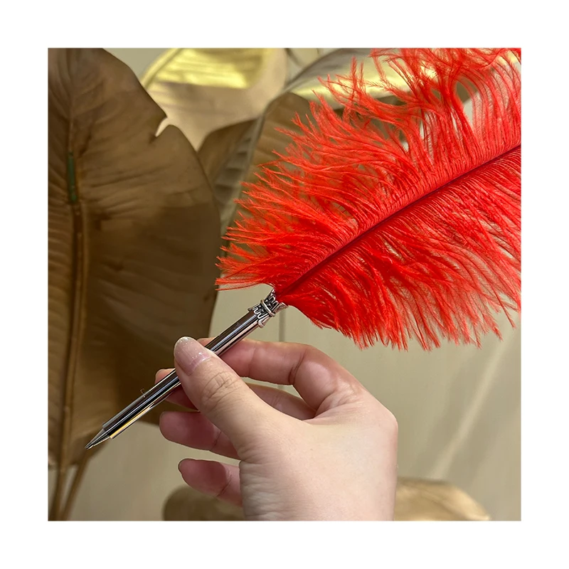 Wedding Pen Black Ink Signature Ostrich Feather Quill Ballpoint Pen Red