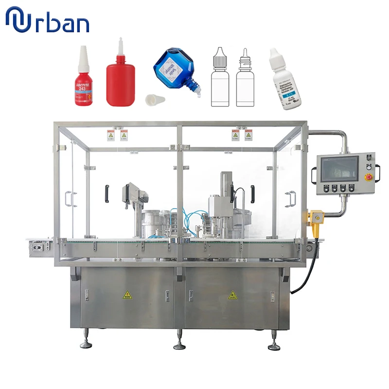 Pharmaceutical automatic eye drop filling stoppering insert capping labeling machine with plastic bottle unscrambler