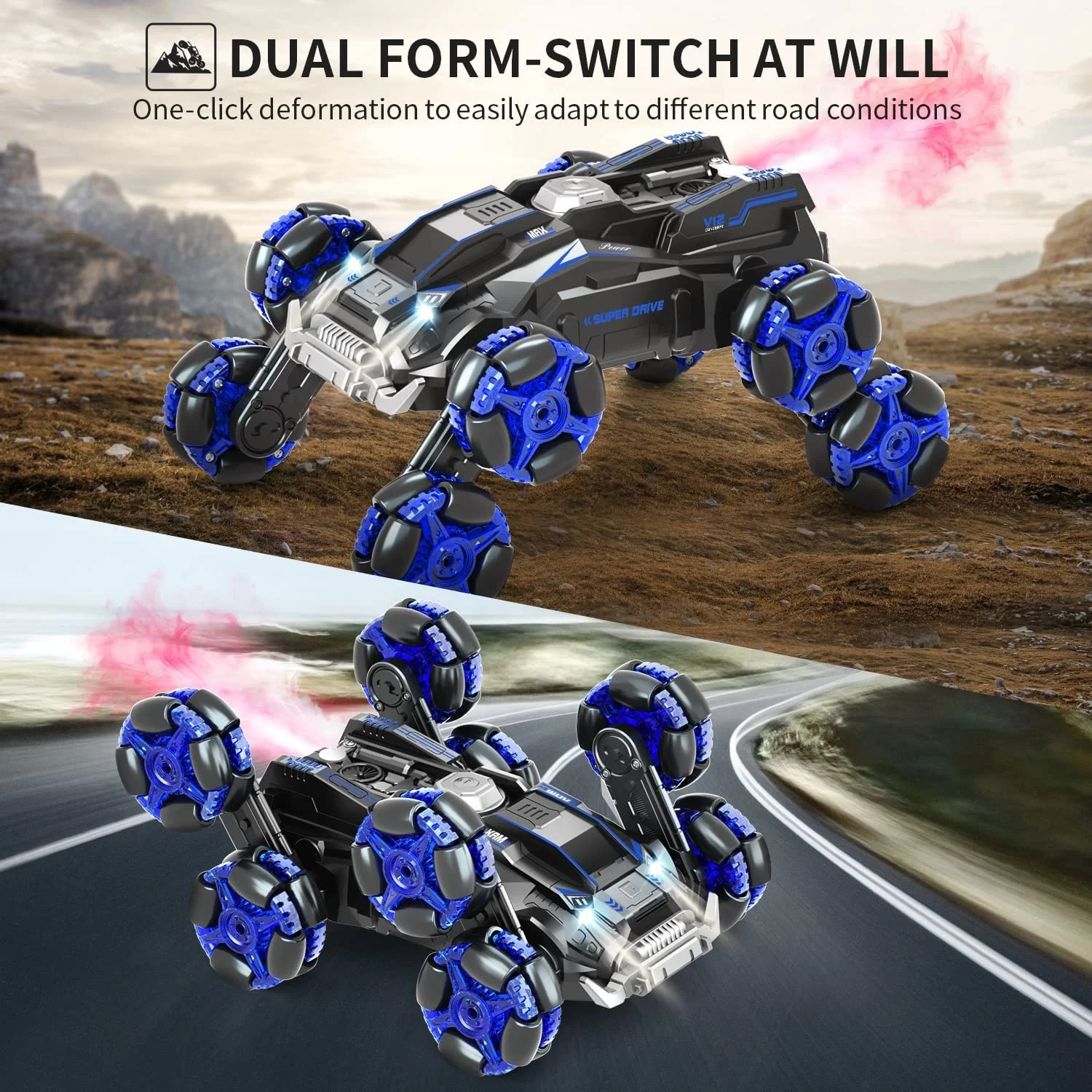 2.4 GHz Stunt Car RC Crawler, 4WD Transform Automatically 10Km/h All Terrains Vehicle Off-Road Gesture Sensor Truck with Lights