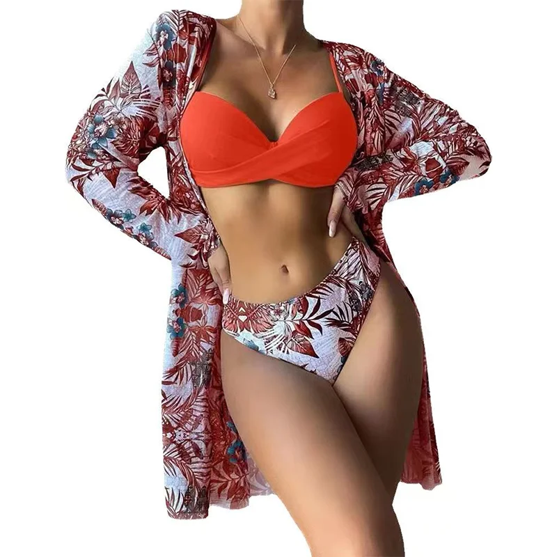 European and American three piece swimsuit bikini shawl mesh split bikini sexy backless hard wrap long sleeved swimsuit