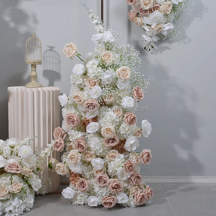 Romantic artificial flower row pink and white rose Baby breath flower flower panel with acrylic backdrop for wedding decor