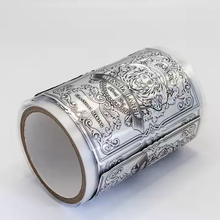Custom Premium Silver-Embossed Glossy PVC, Metal, Aluminum, or PET Waterproof Logo Stickers for Wine Packaging Sheets.