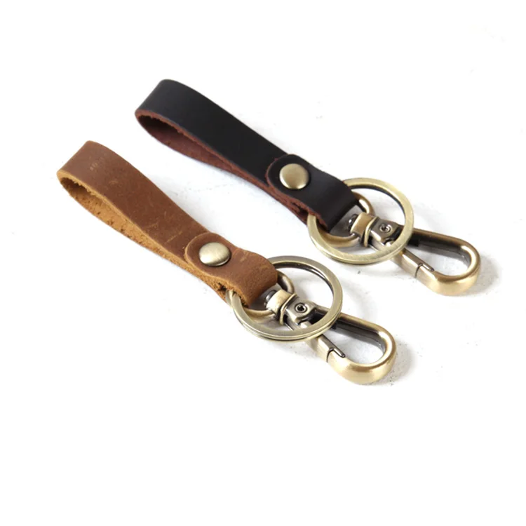 Vintage Leather Gift Custom Embossed Logo Key Chain Key Ring Real Crazy Horse Leather Carabiner Armband Keychain