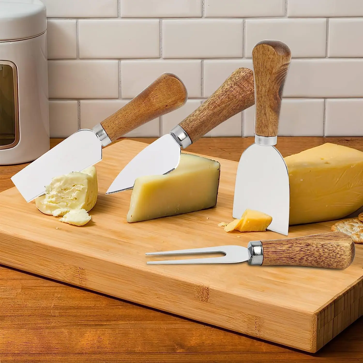 4 Pieces Set Wood Wooden Handle Stainless Steel Cheese Tools Knife Set Wholesale Cheese Dispenser