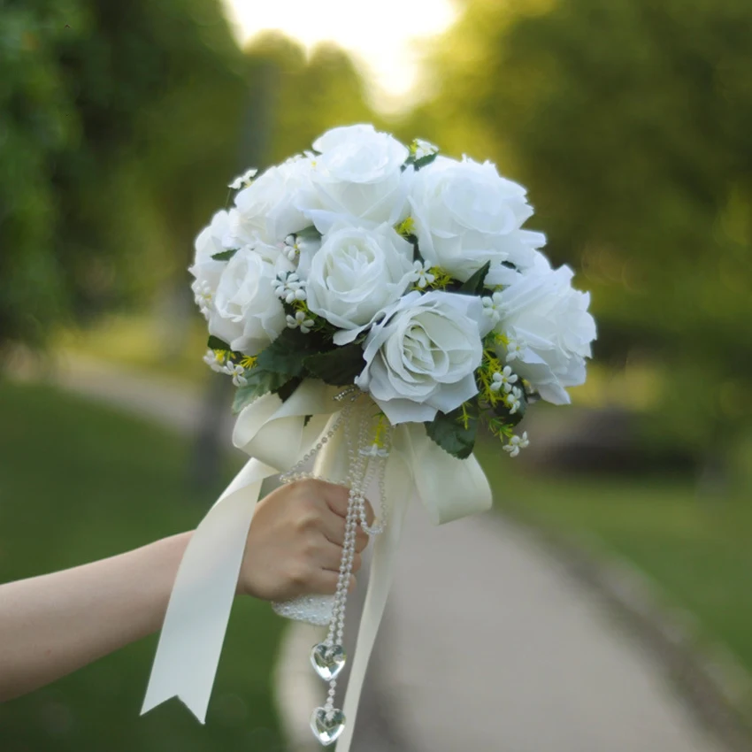Wedding Bridesmaid Bridal Bouquet Romantic Artificial Rose Flowers White