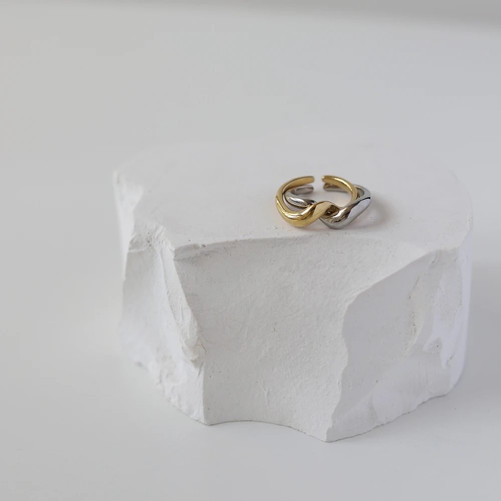 Two piece sets stainless steel folded stacking twist wave ring 18k gold and silver combined color band ring jewelry for girls