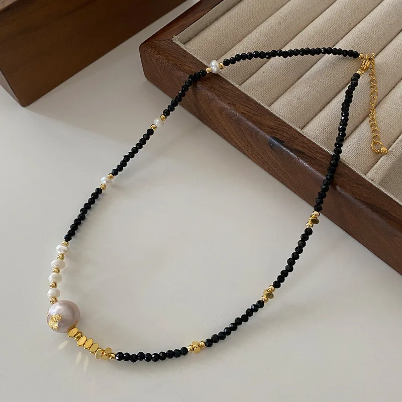 18k gold plated fashion black obsidian beads baroque pearls necklace for girls cute