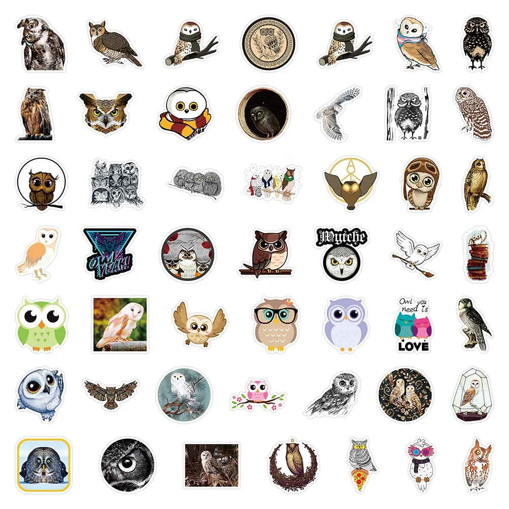 50pcs Cartoon Animal Owl Stickers Printing Custom Logo Cut Vinyl Waterproof Guitar Luggage Phone Wall Owl Birds Sticker
