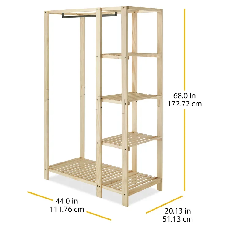 Modern Wooden Open Bedroom Closet Modern Storage Cloth Cabinet Armoire Wardrobe with Partitions, Clothes Rail and shoe rack