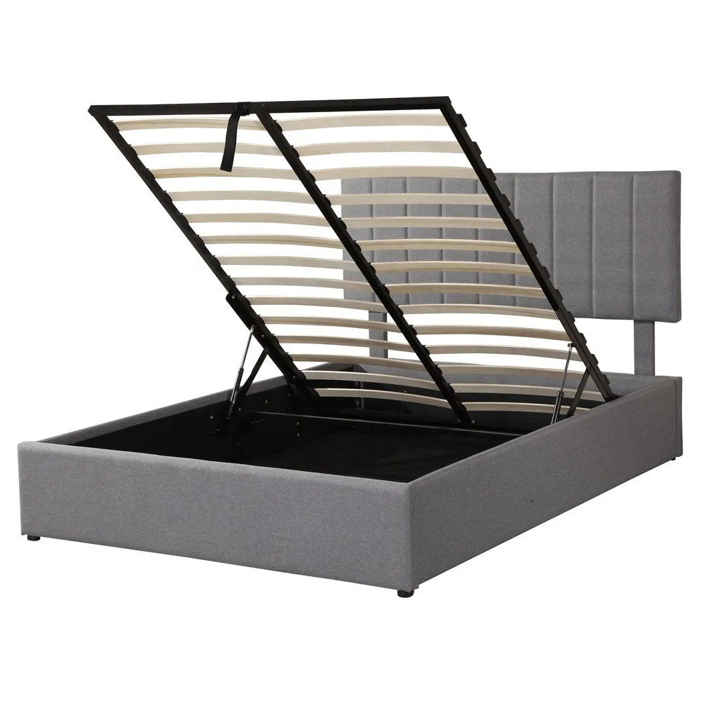 Grey Strong Solid wood slats support Queen King size Linen Fabric Upholstered Storge Bed Frame with Gas Lift Compartment