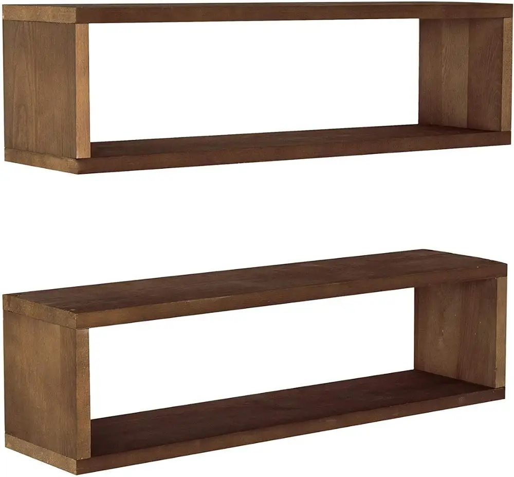
24-Inch Natural Wood Finish Wood Wall Mounted Floating Shelf, Rectangular Display Shadow Boxes Set of 2 