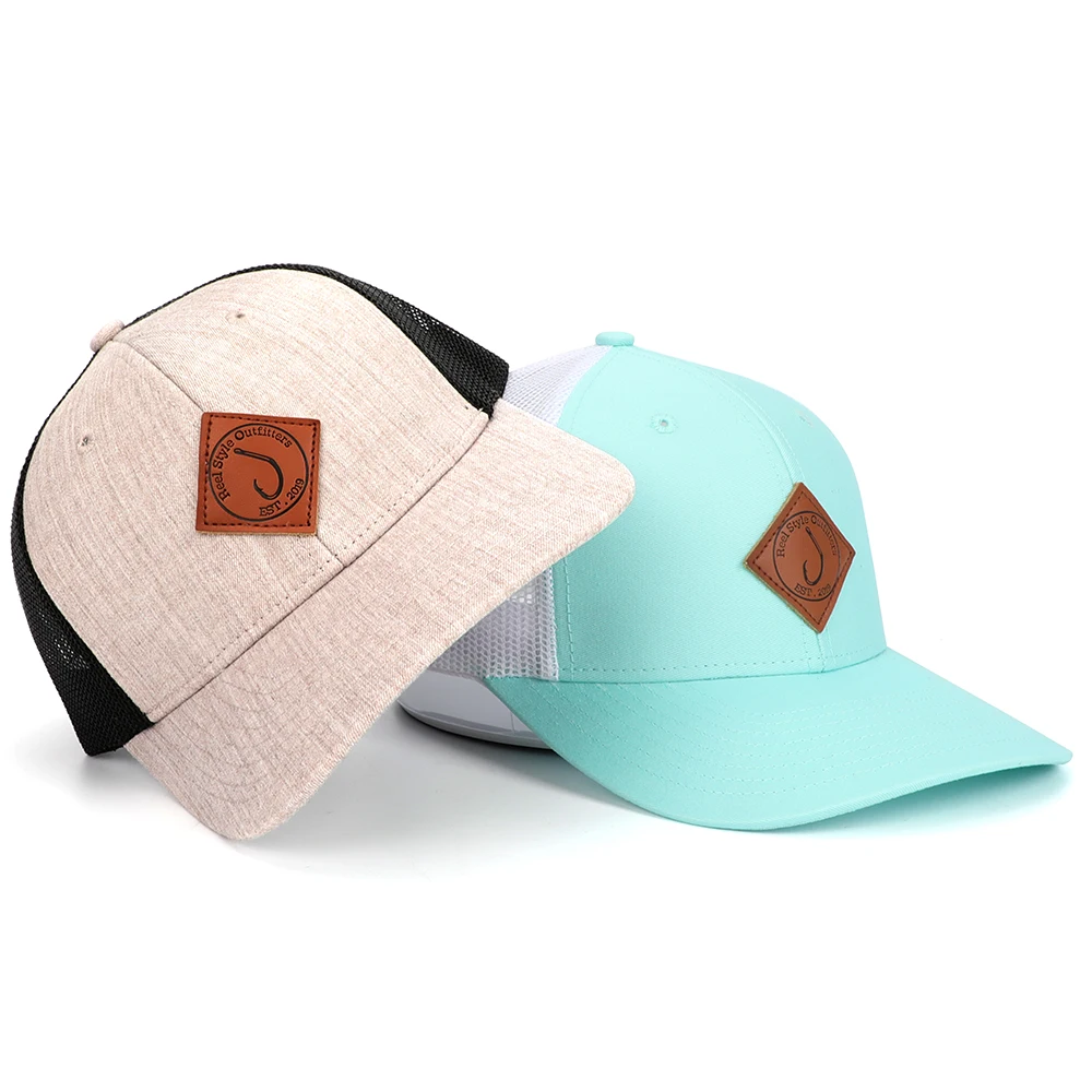 Customize Top Quality Sky Blue Back Polyester Inside Tag Trucker Hat Genuine Leather Brand Trucker Cap