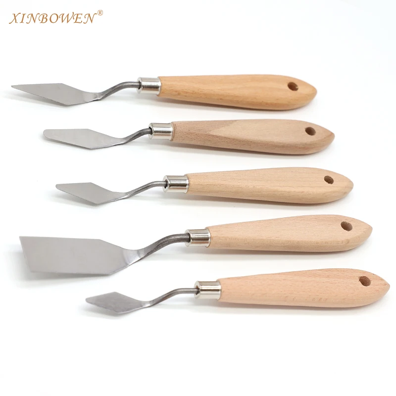 Xinbowen Natural Wood Handle Stainless Steel Spatula Palette Knives For Oil Painting Acrylic Mixing Special Effects