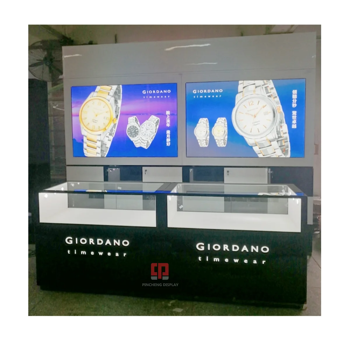 Оптовая продажа на заказ закаленное стекло витрина со светящимся логотипом часы