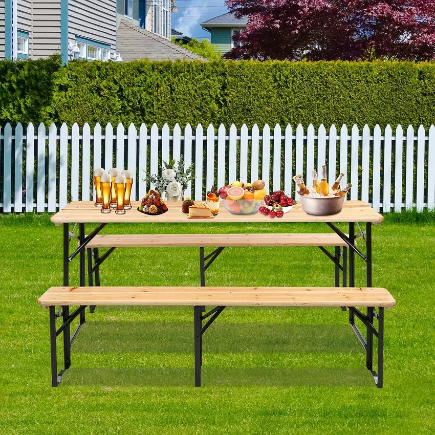 Perfect Quality 3 Legs Outdoor Beach Picnic Folding Wooden Beer Table Set with Benches