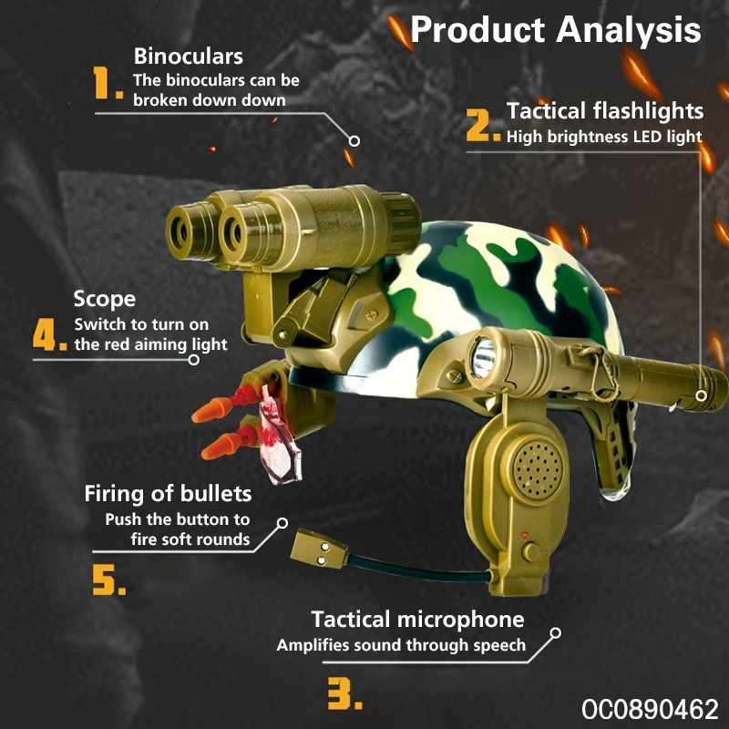 Flashlight earphone amplifier 4x telescope role pretend play toys plastic military camouflage helmet kid
