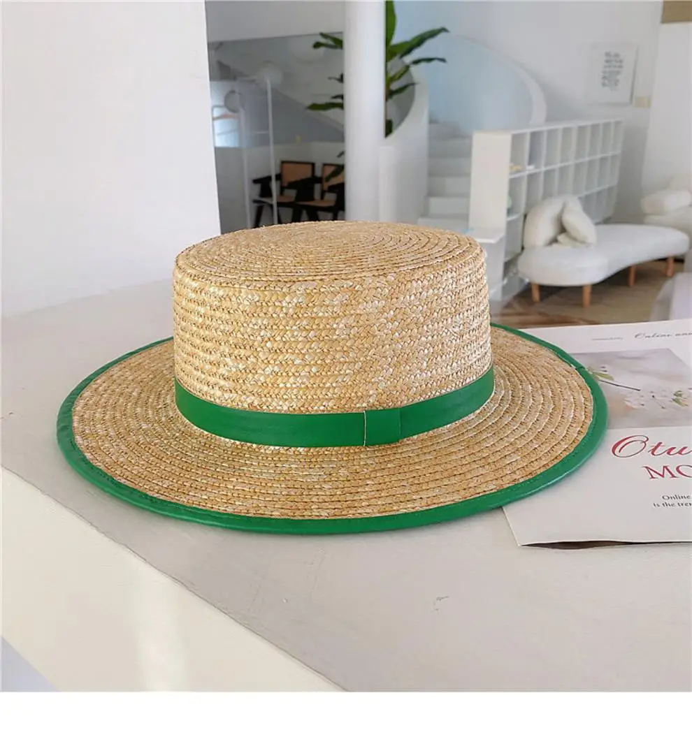 Hot selling solid ladies beach sun protection Green brimmed straw Women fashion flat top Jazz hat