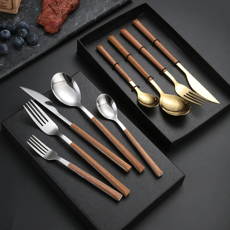 Flatware Spoon Fork Knife Stainless Steel Wooden Plating Handle Cutlery Set