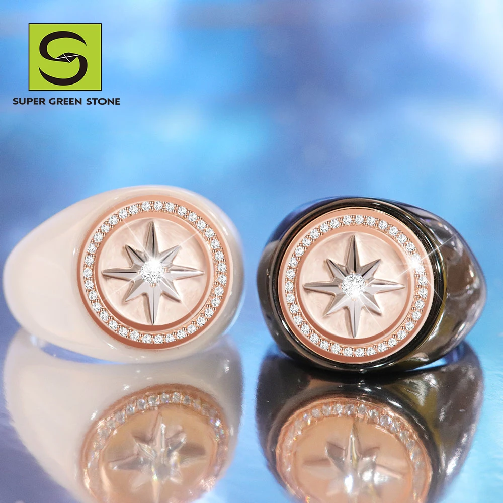 Octagram Design Dropshipping White Ceramic Rings 18K Gold Lab Grown Diamond Iced Out Jewelry Men Jewelry