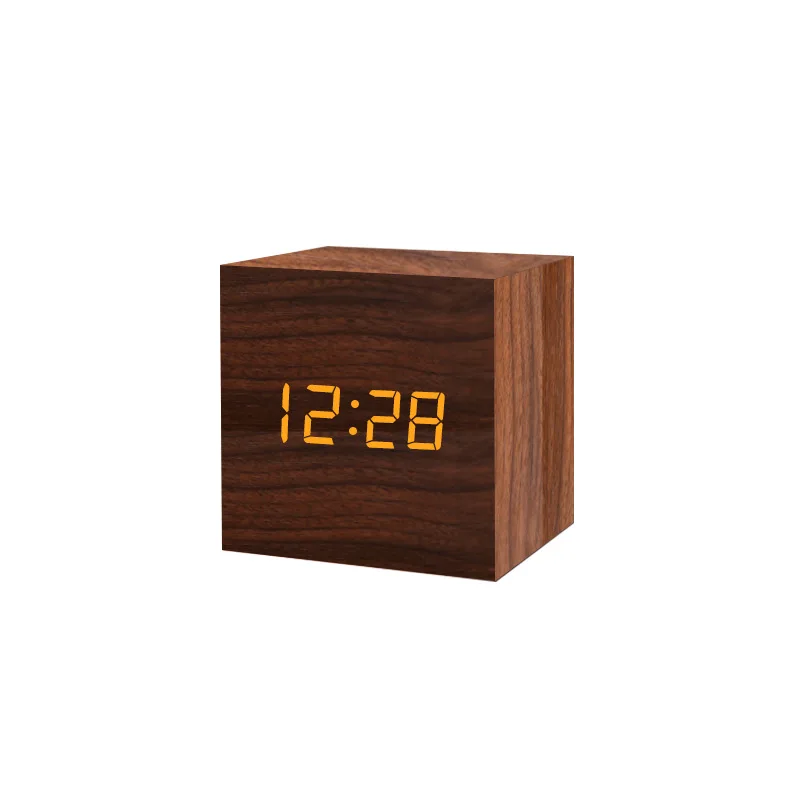 Factory sales creative led wooden alarm clock electronic square mini thermometer bedside alarm clock