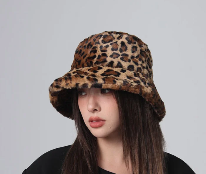 Custom Brown Leopard Print Faux Fur Reversible Winter Bucket Hat