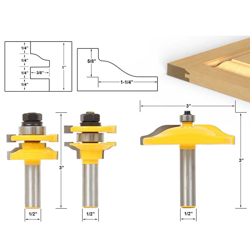 3pcs/lot Raised Panel Cabinet Door Router Bit Set 6mm/6.35mm/8mm/12.7mm Shank Rail & Stile Tenon Ogee Wood Milling Cutter