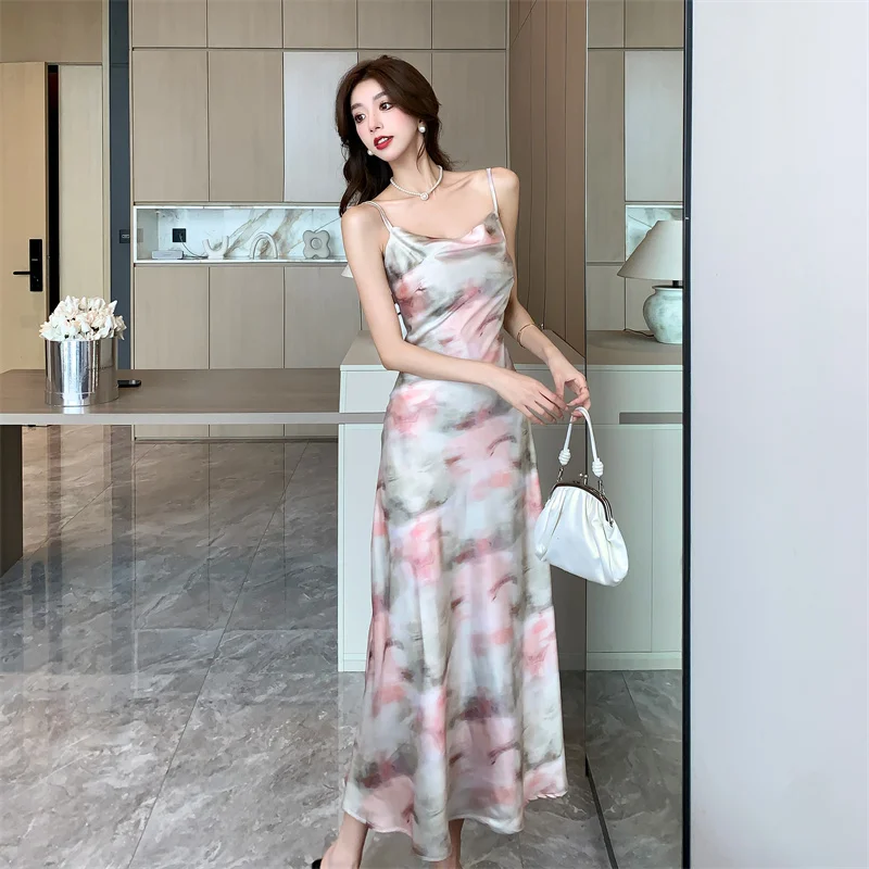 Summer Sweet Swinging Collar Casual Maxi Dress For Women Sleeveless Printed Floral Silk Dress