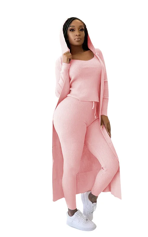 YD - TS1089 Wholesale 3 pieces outfit casual fashion ribbed sets pencil pants solid color hoodie outfit patchwork fall set woman