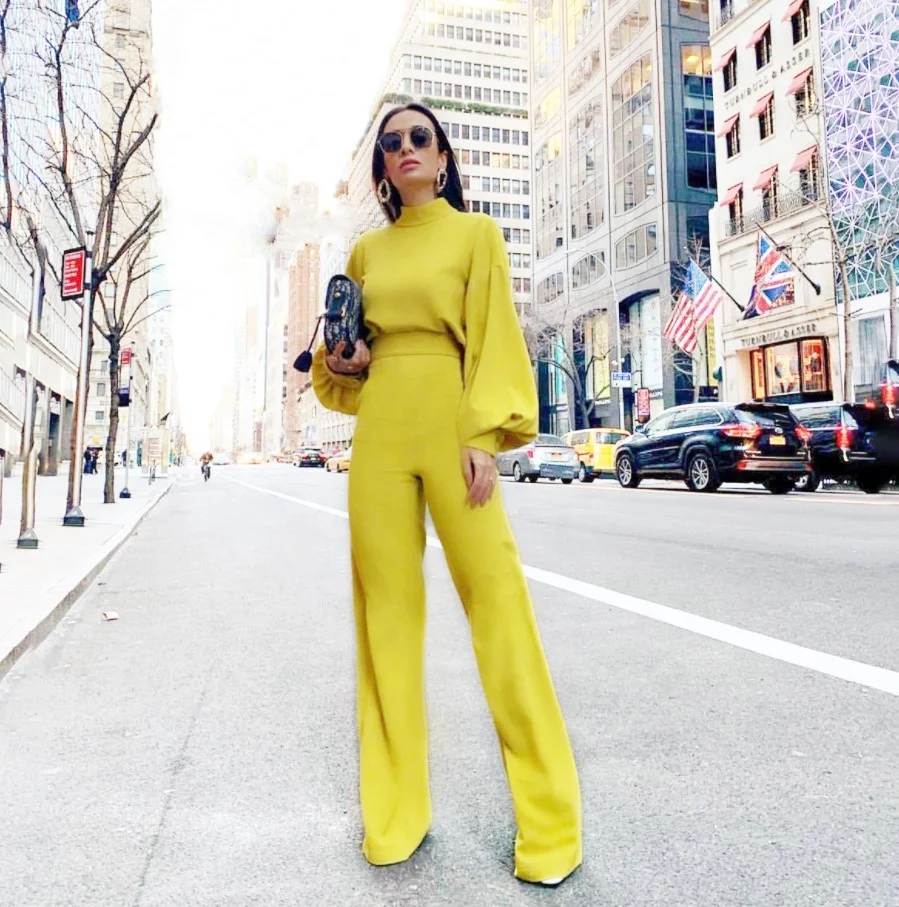 
Женский комбинезон с широкими штанинами, элегантный офисный комбинезон с длинными рукавами-фонариками и высоким воротником, повседневная одежда для работы, 2021 