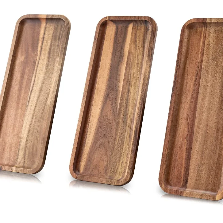 Hot Selling Custom Set of 3 Solid Wood Serving Trays Rectangular Wooden Serving Tray with Brown Marble Metal for Food Wholesale