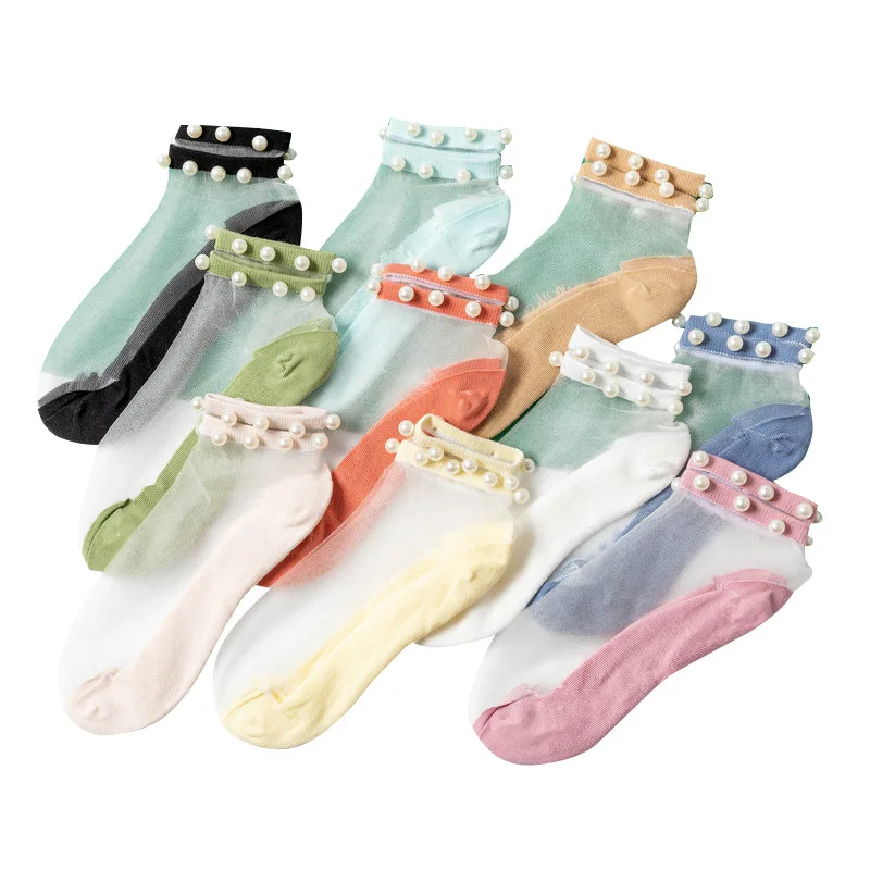 
Fasion crystal stockings New Style Transparent Sheer Socks For Women Crystal lace Crew Pearl Socks 