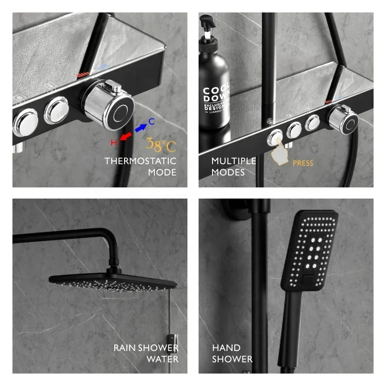 Factory Price Bathroom Thermostatic Matte Black Wall Mounted SUS304 Rainfall Hot and Cold Water Mixer Bathroom Shower Faucet