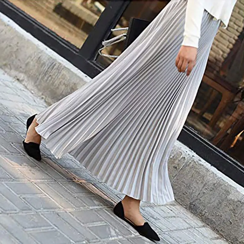 Spring Women Solid pleated skirt Elegant Casual Office Midi Elastic Waist Maxi Skirt Chiffon pleated skirt A-line Mid-length 10%